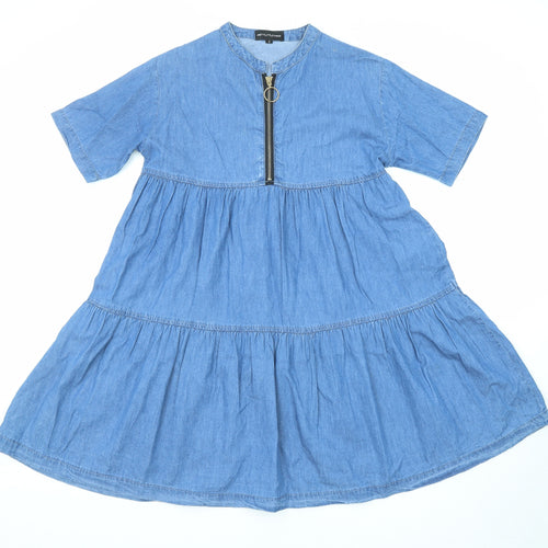 PRETTYLITTLETHING Womens Blue Cotton A-Line Size 6 Round Neck Zip - Tiered