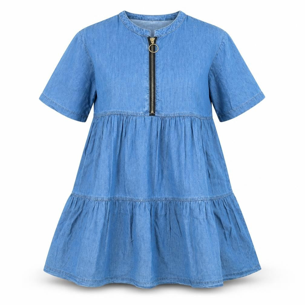 PRETTYLITTLETHING Womens Blue Cotton A-Line Size 6 Round Neck Zip - Tiered