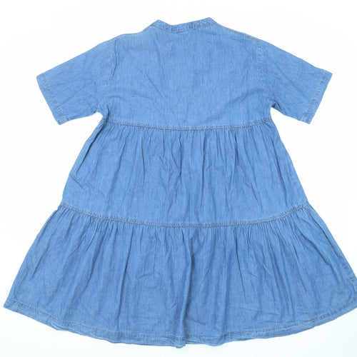 PRETTYLITTLETHING Womens Blue Cotton A-Line Size 6 Round Neck Zip - Tiered