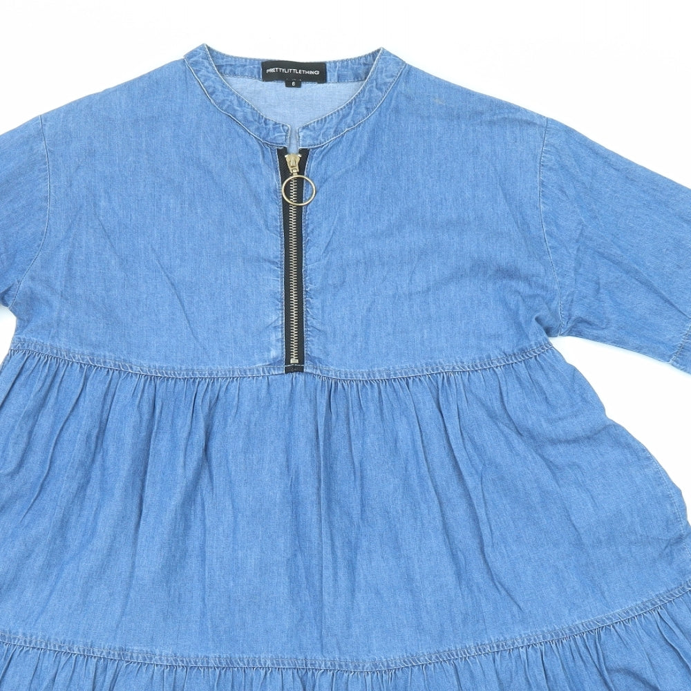PRETTYLITTLETHING Womens Blue Cotton A-Line Size 6 Round Neck Zip - Tiered