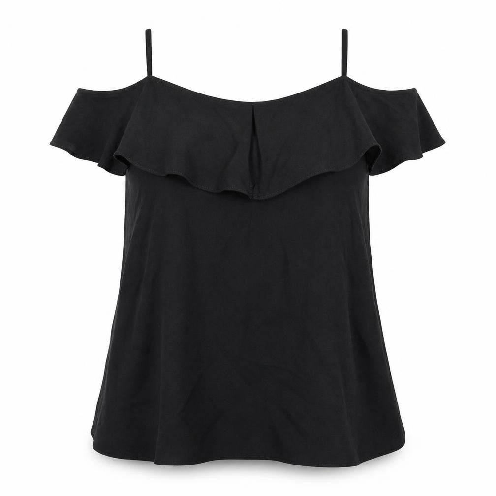 Front view of River Island women’s black viscose basic blouse, size UK 12, round neck - cold shoulder
