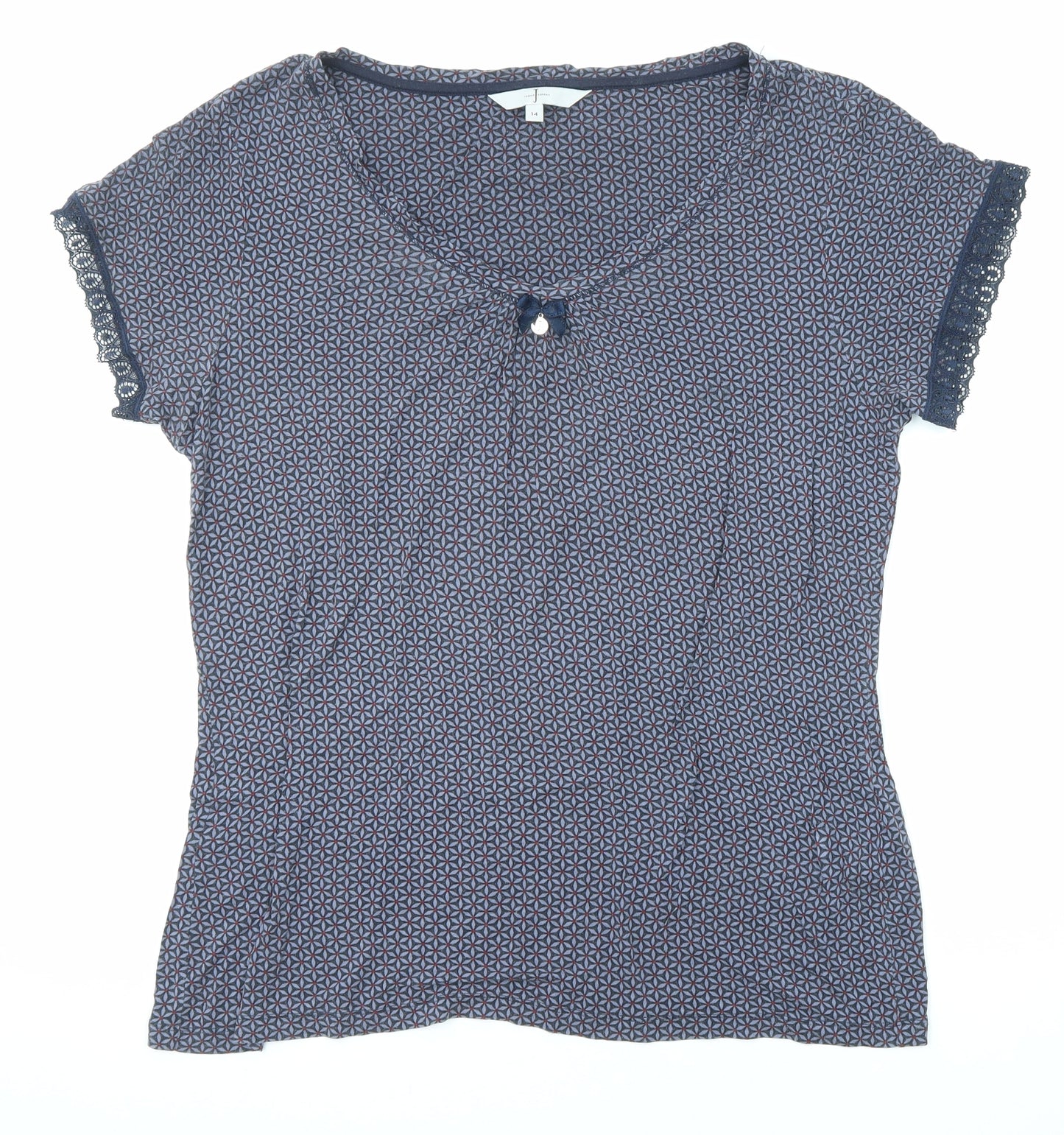 Jasper Conran Womens Blue Geometric Viscose Basic T-Shirt Size 14 Round Neck - Lace Details