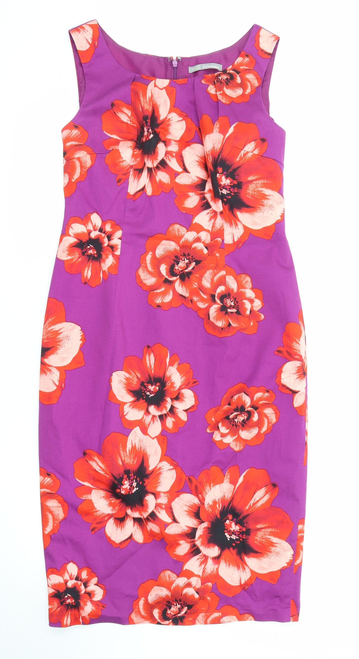 Marks and Spencer Womens Purple Floral Polyester Shift Size 12 Boat Neck Zip