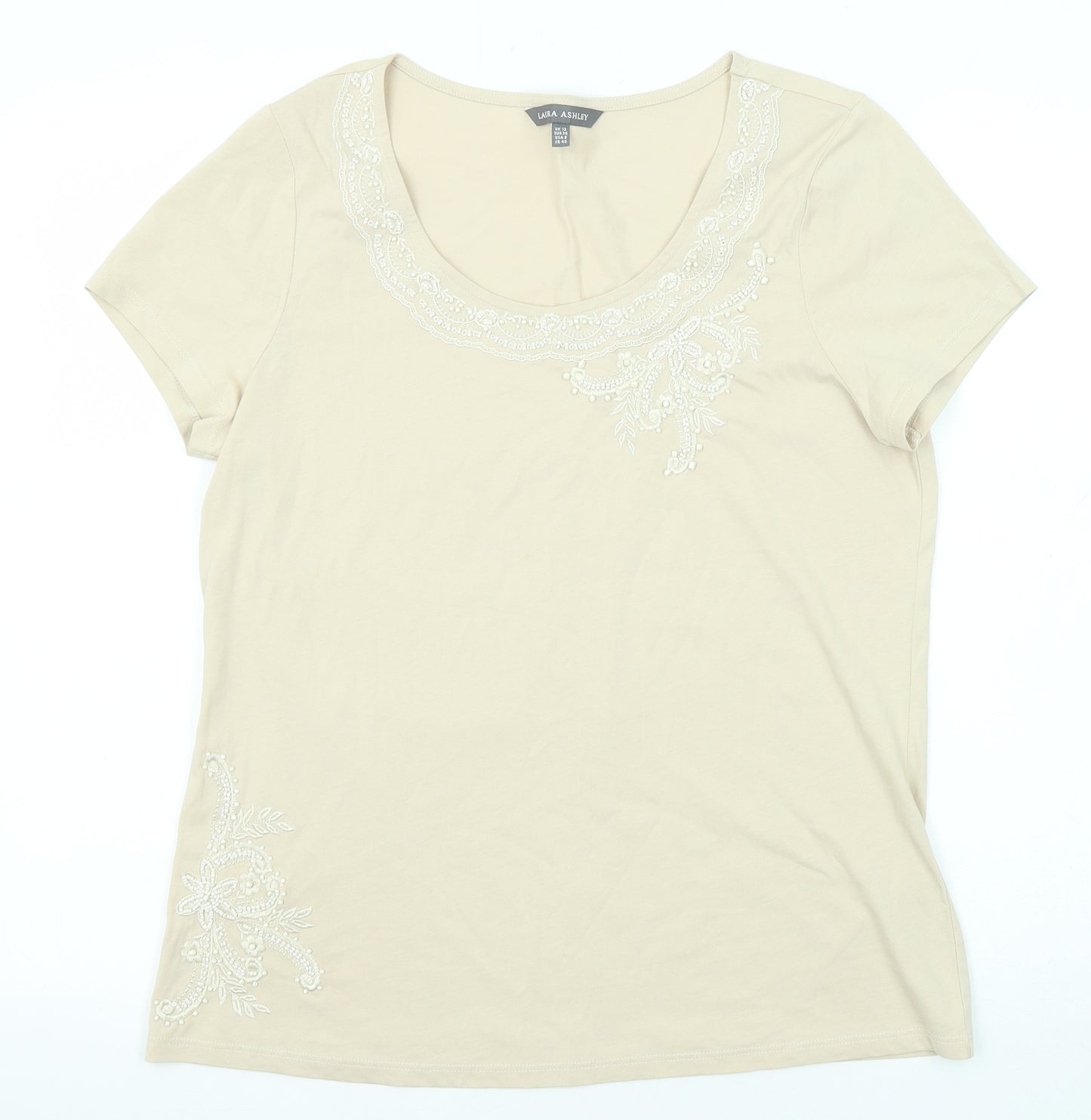 Laura Ashley Womens Beige Cotton Basic T-Shirt Size 12 Round Neck