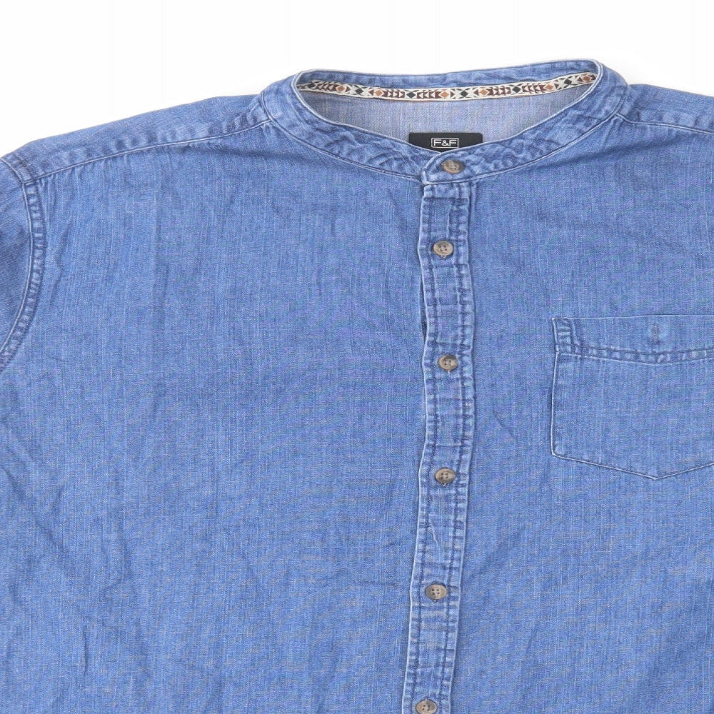 F&F Mens Blue Cotton Button-Up Size 2XL Round Neck Button