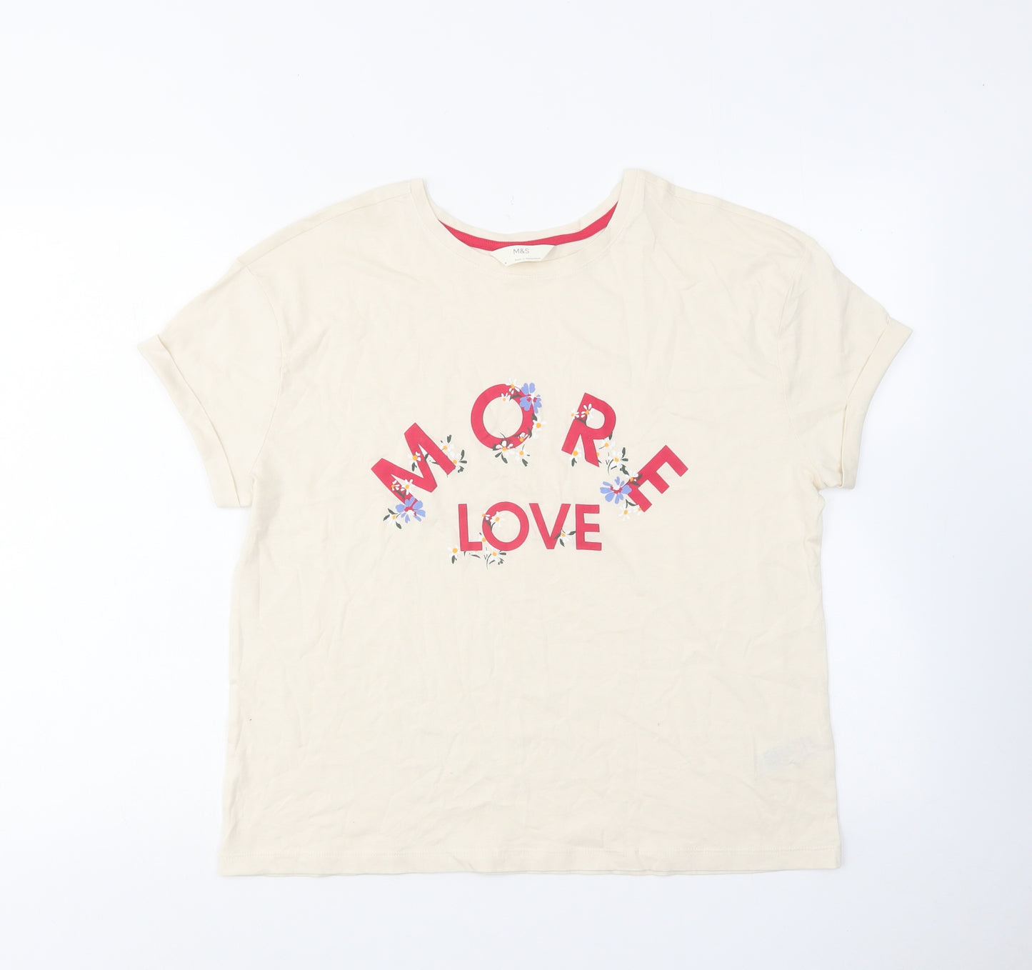 Marks and Spencer Womens Ivory Cotton Basic T-Shirt Size M Round Neck - More Love