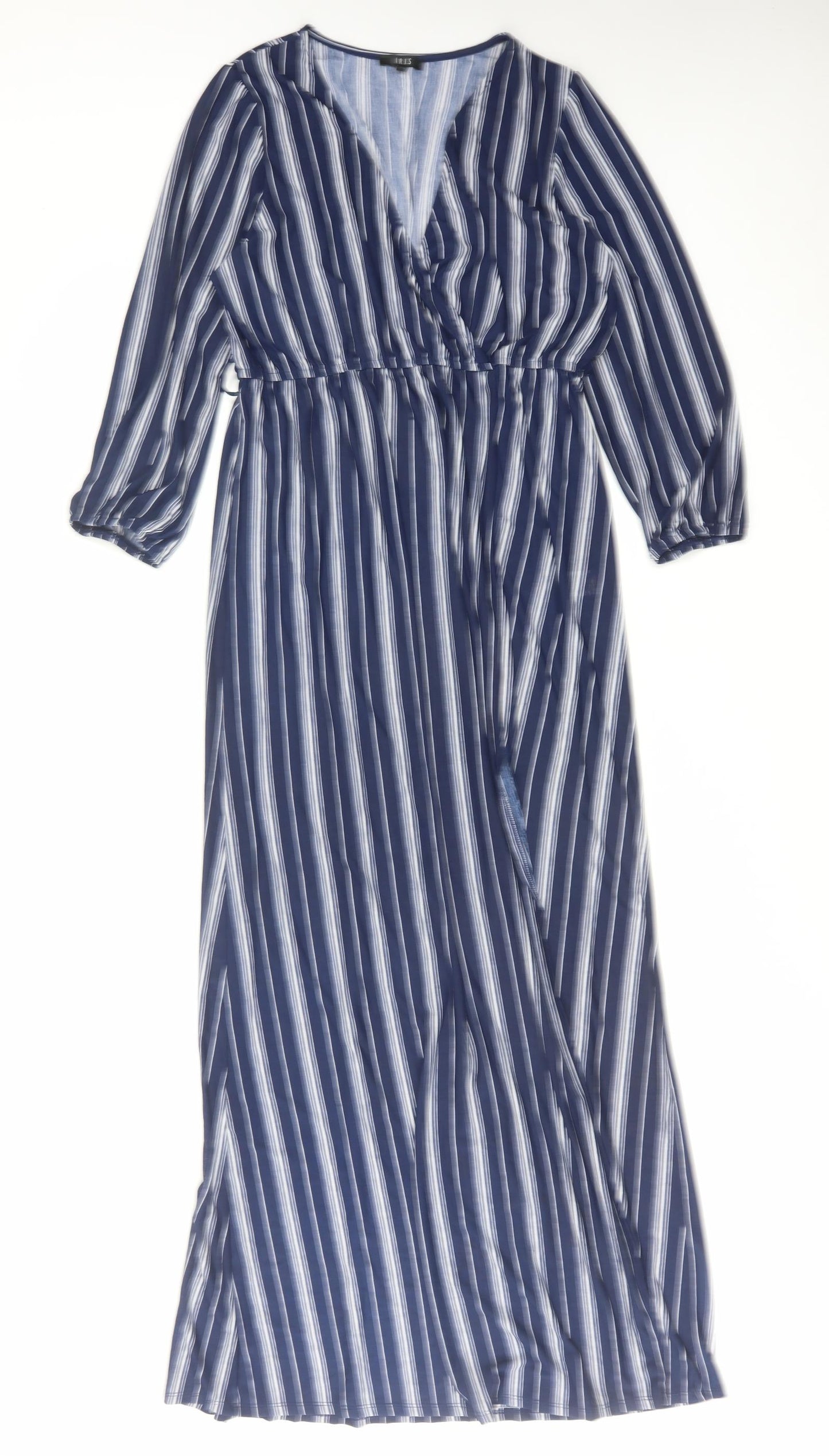 IRIS Womens Blue Striped Polyester Maxi Size XL V-Neck Pullover