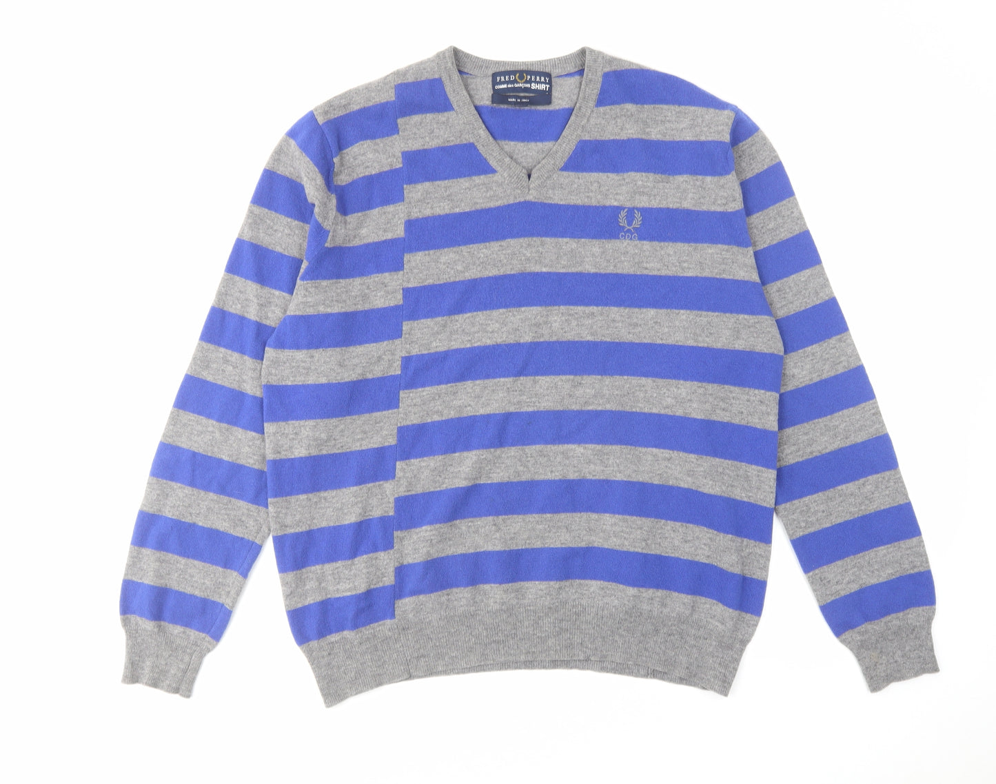 Fred Perry Mens Blue V-Neck Striped Wool Pullover Jumper Size XL Long Sleeve - Comme des Garçons