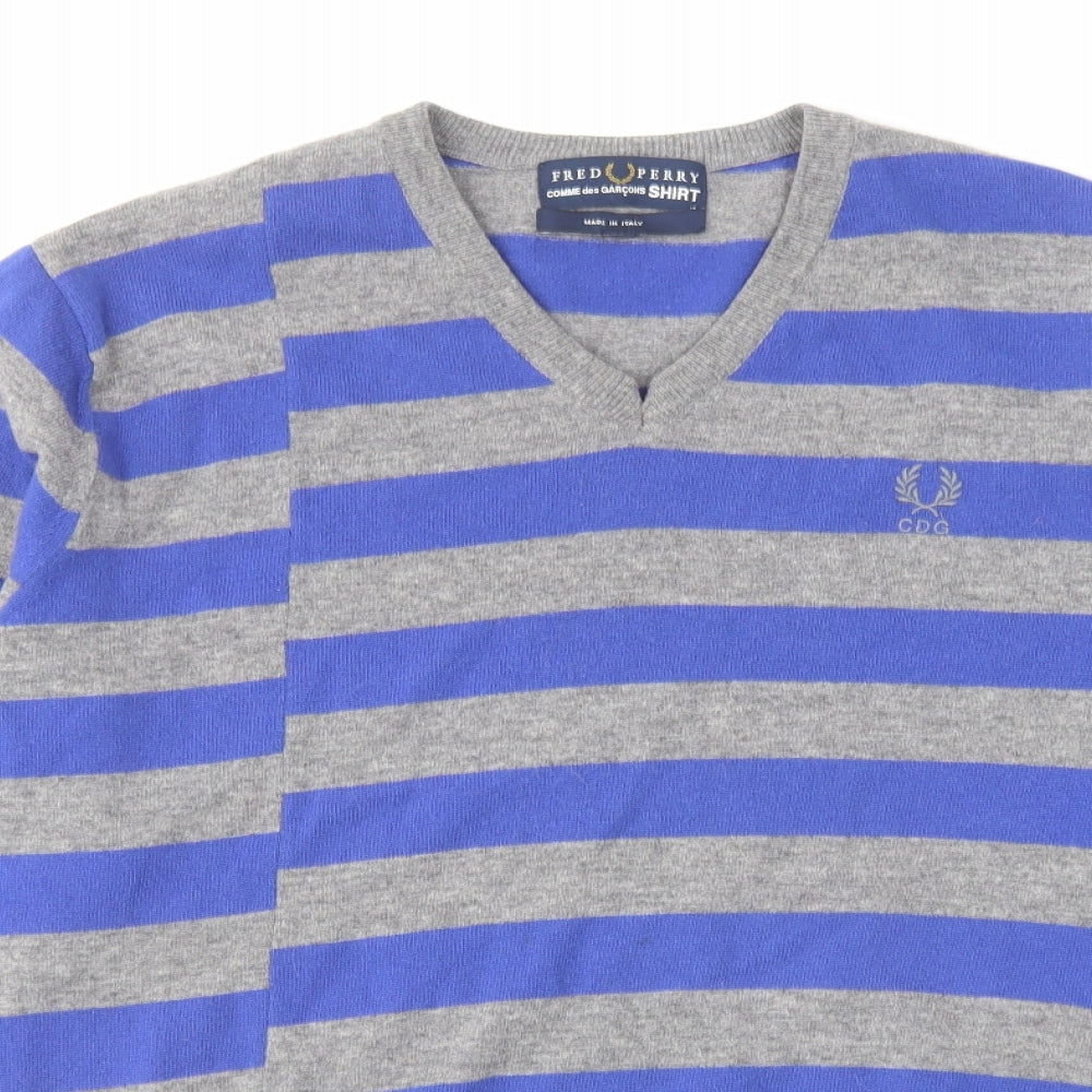 Fred Perry Mens Blue V-Neck Striped Wool Pullover Jumper Size XL Long Sleeve - Comme des Garçons