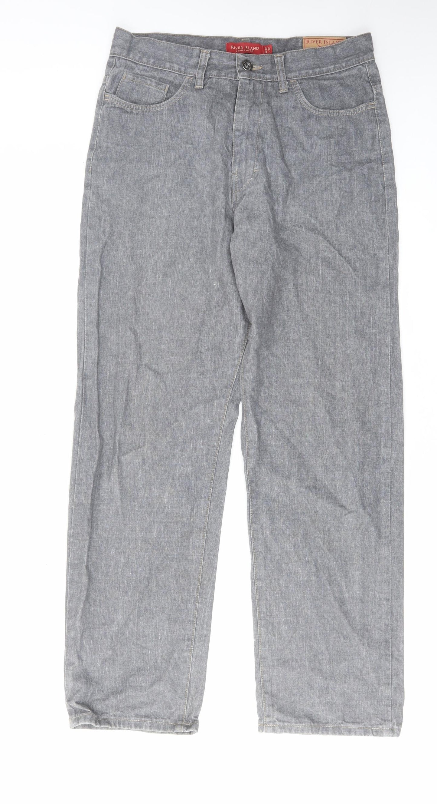 River Island Mens Grey Cotton Straight Jeans Size 32 in L30 in Regular Zip