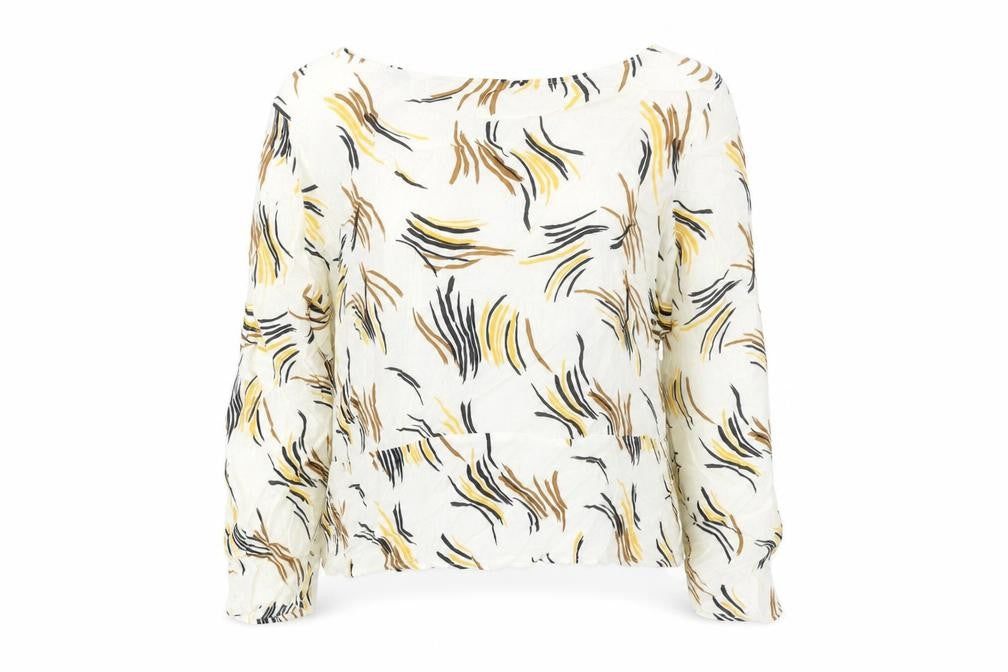 Front view of Marks & Spencer women’s ivory geometric viscose basic blouse, size UK 14, boat neck