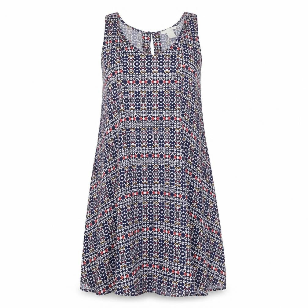 Front view of H&M women’s multicoloured geometric viscose tank dress, size UK 4, scoop neck pullover