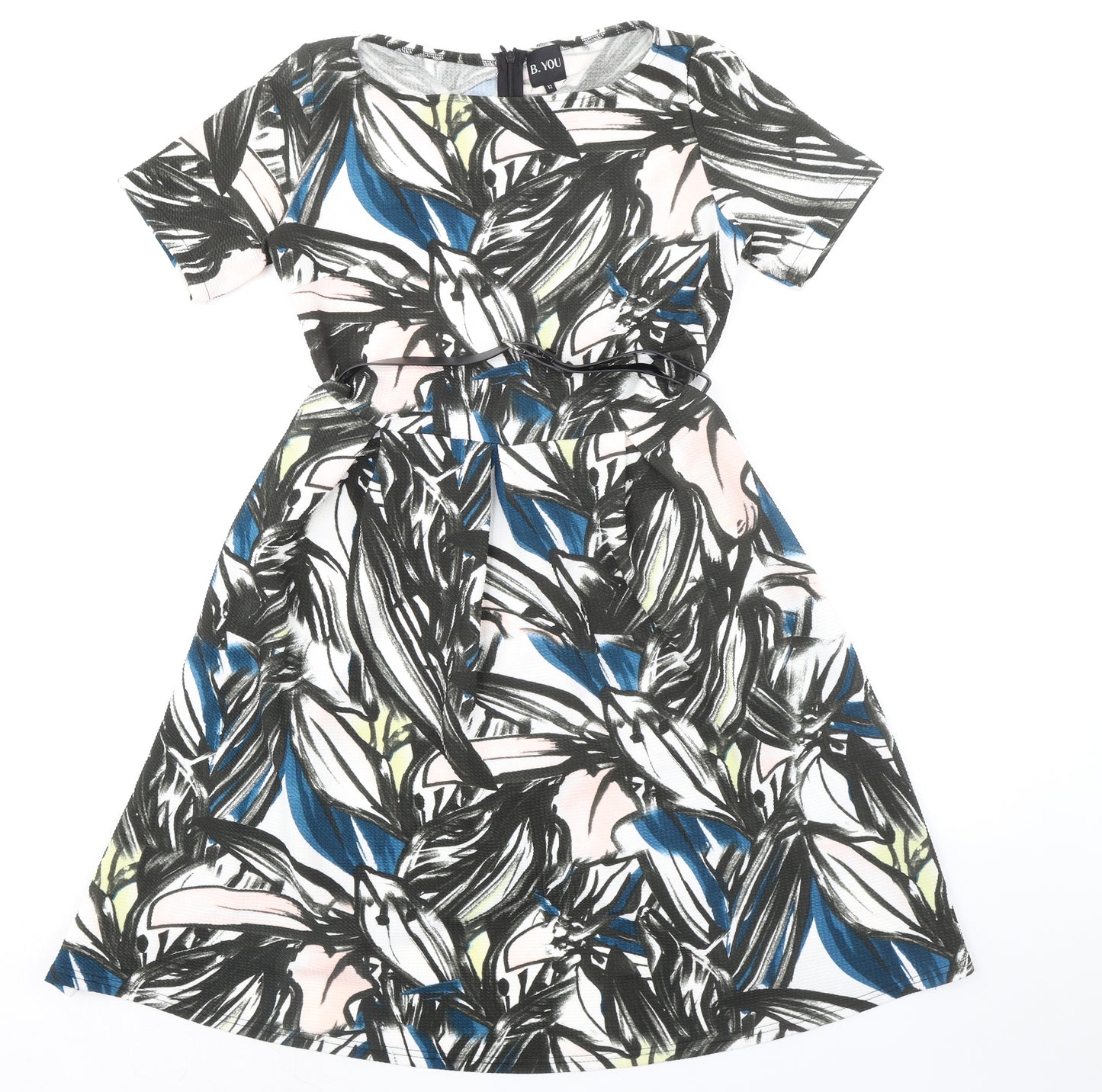 B.YOU Womens Black Geometric Polyester A-Line Size 12 Boat Neck Zip