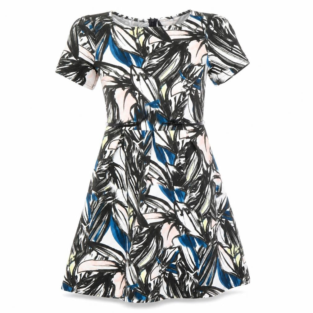 Front view of B.YOU women’s black geometric polyester a-line, size UK 12, boat neck zip