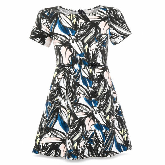 Front view of B.YOU women’s black geometric polyester a-line, size UK 12, boat neck zip
