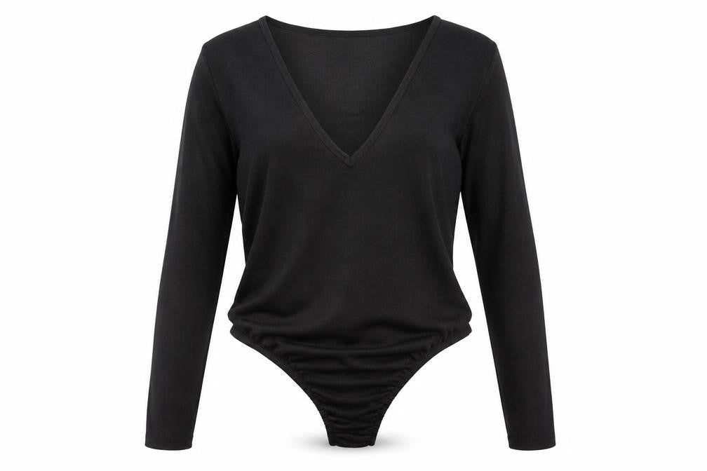 Front view of Boohoo women’s black polyester bodysuit one-piece, size UK 12, snap