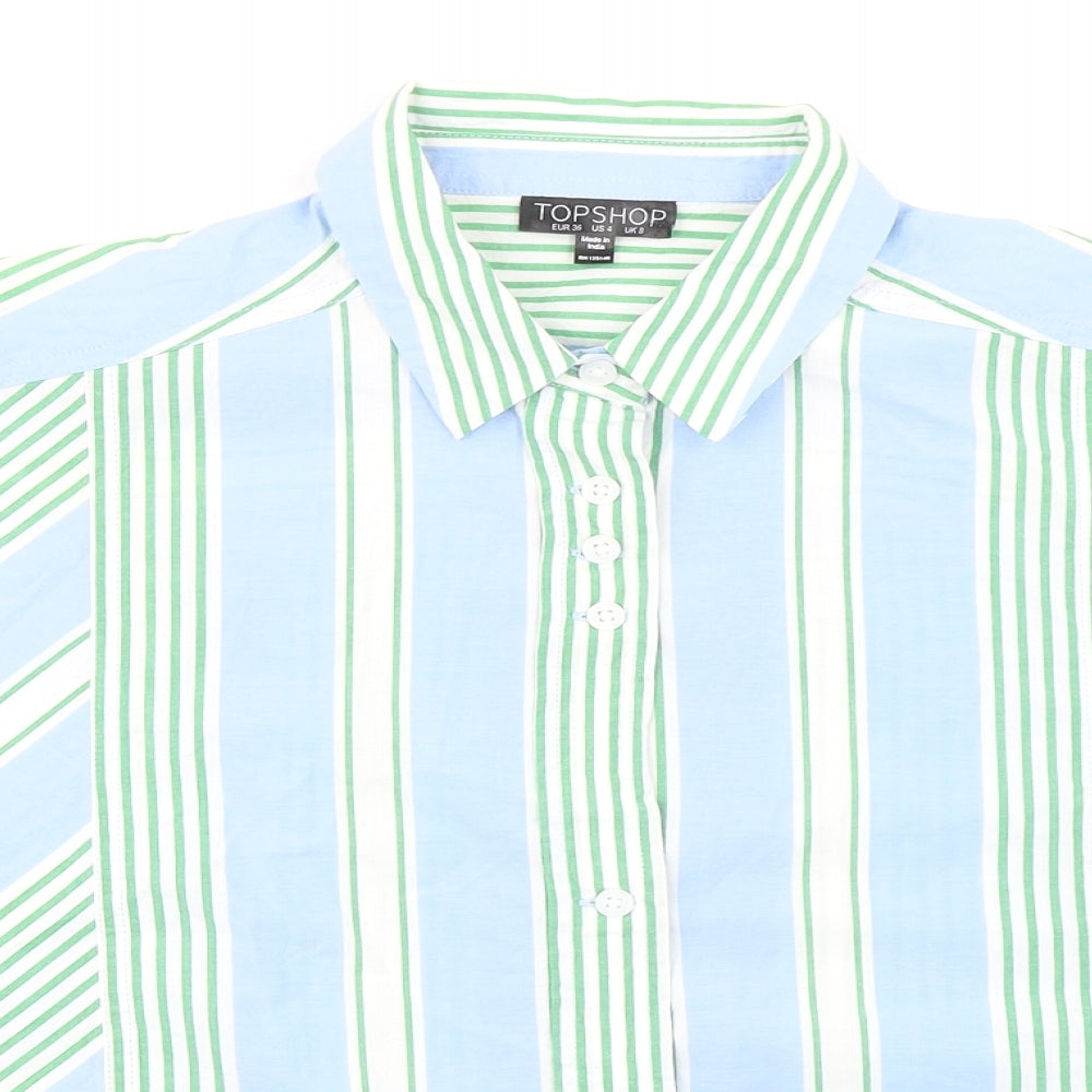 Topshop Womens Blue Striped 100% Cotton Basic Button-Up Size 8 Collared