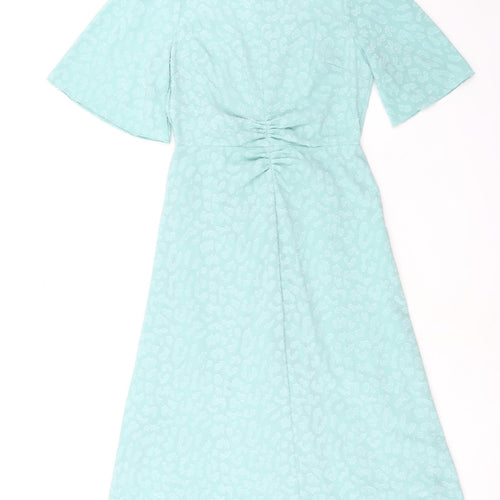 Marks & Spencer Womens Green Animal Print Polyester A-Line Size 12 Round Neck Zip - Ruched Detail
