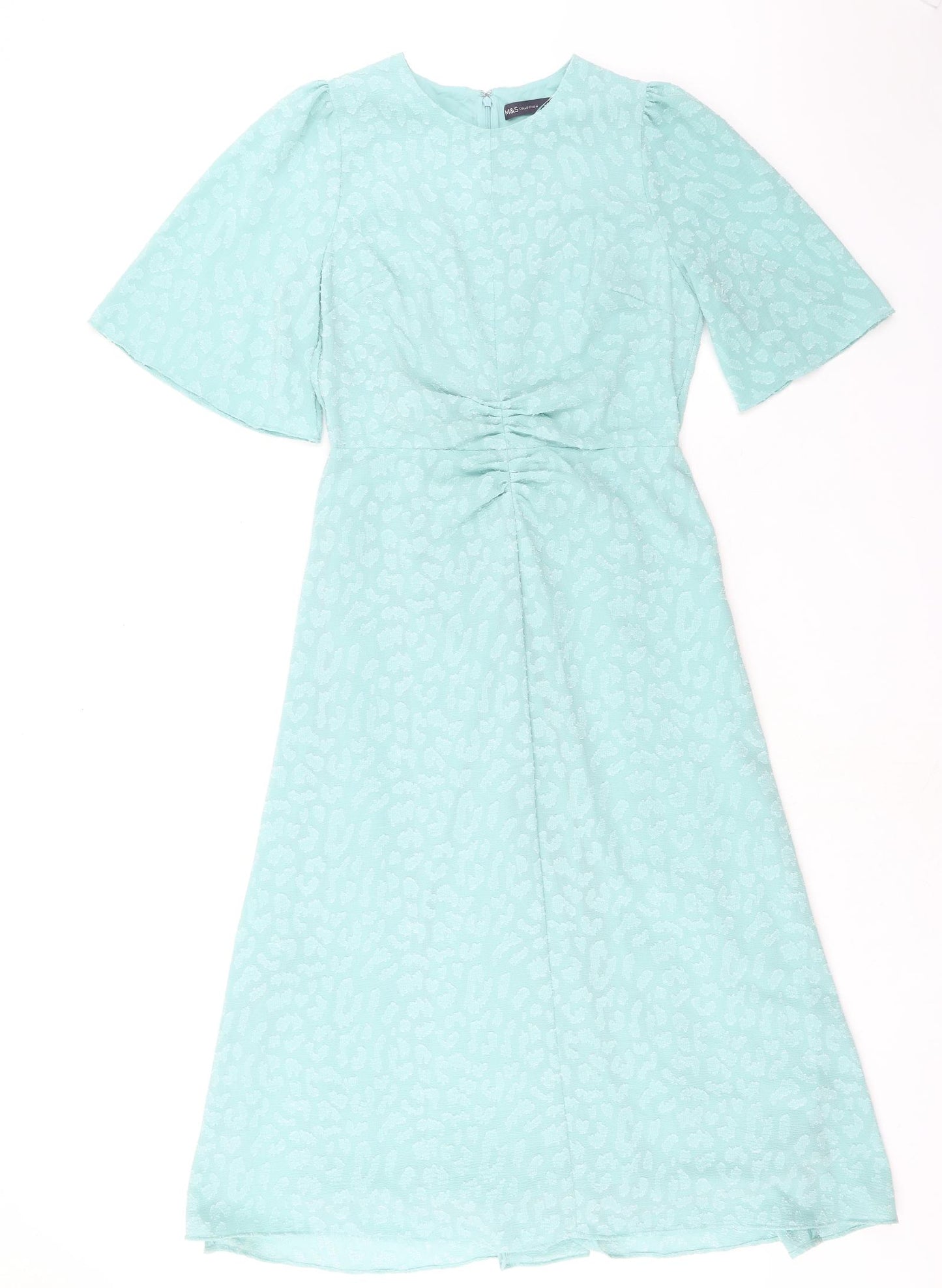 Marks & Spencer Womens Green Animal Print Polyester A-Line Size 12 Round Neck Zip - Ruched Detail