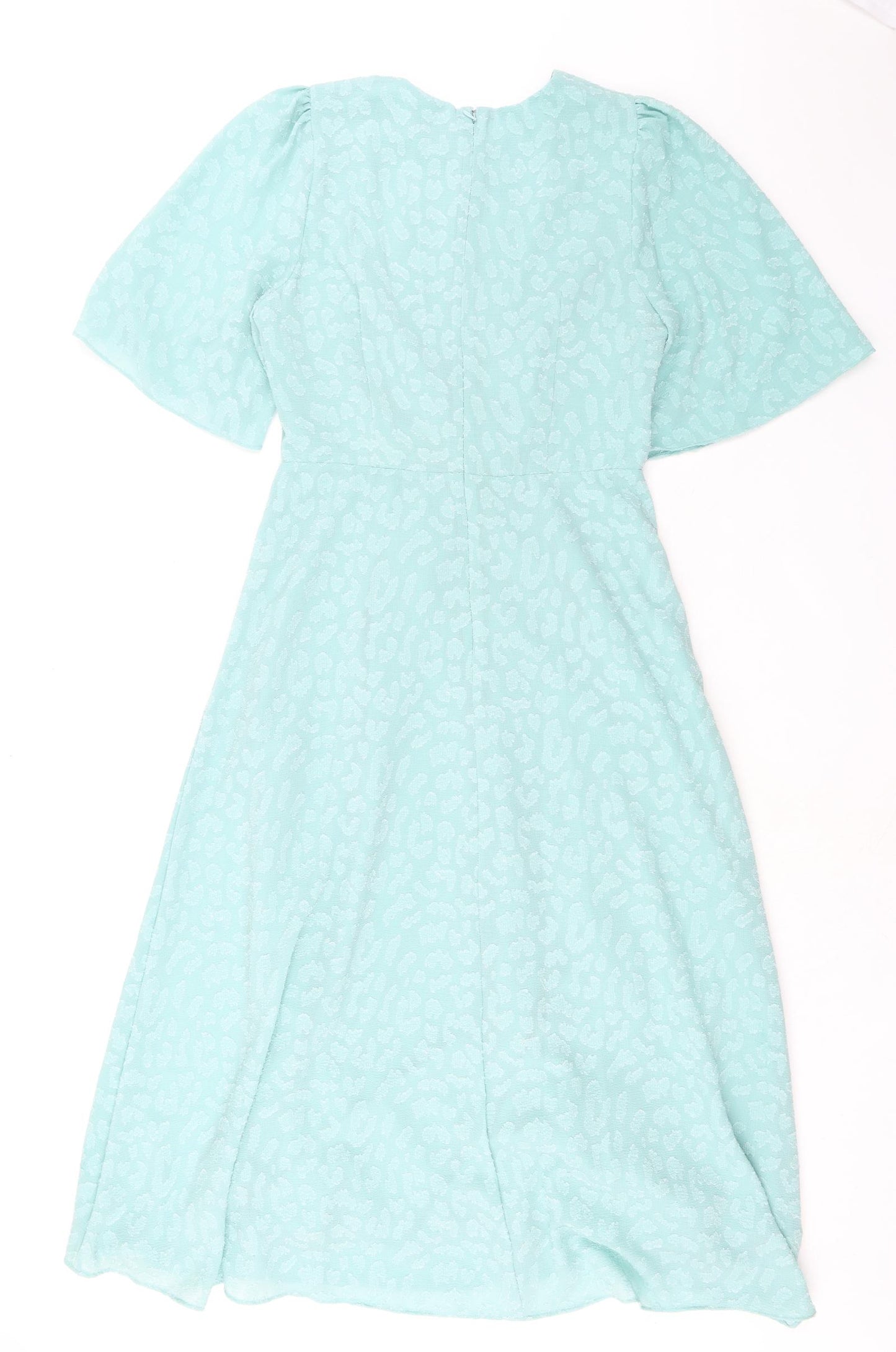 Marks & Spencer Womens Green Animal Print Polyester A-Line Size 12 Round Neck Zip - Ruched Detail