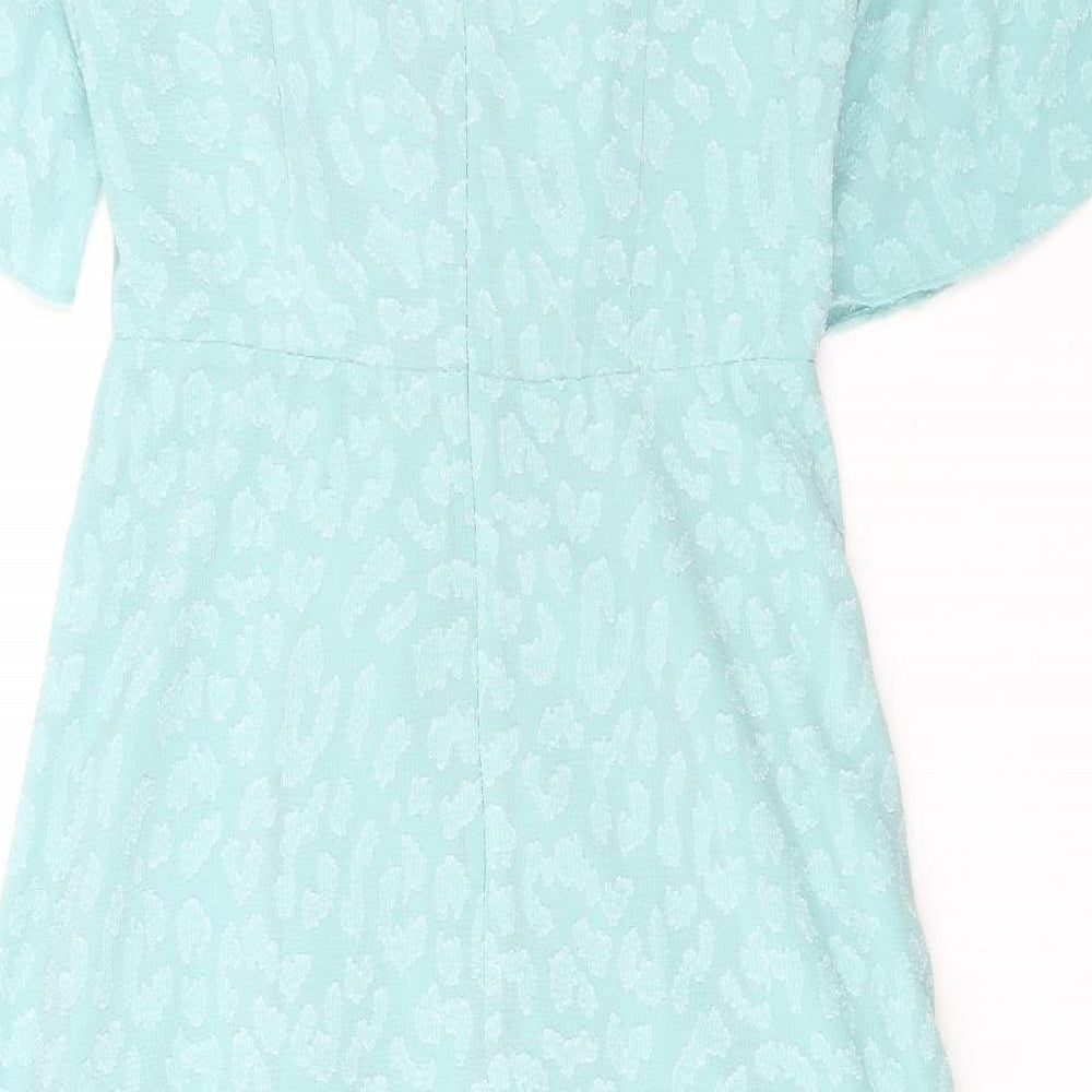 Marks & Spencer Womens Green Animal Print Polyester A-Line Size 12 Round Neck Zip - Ruched Detail