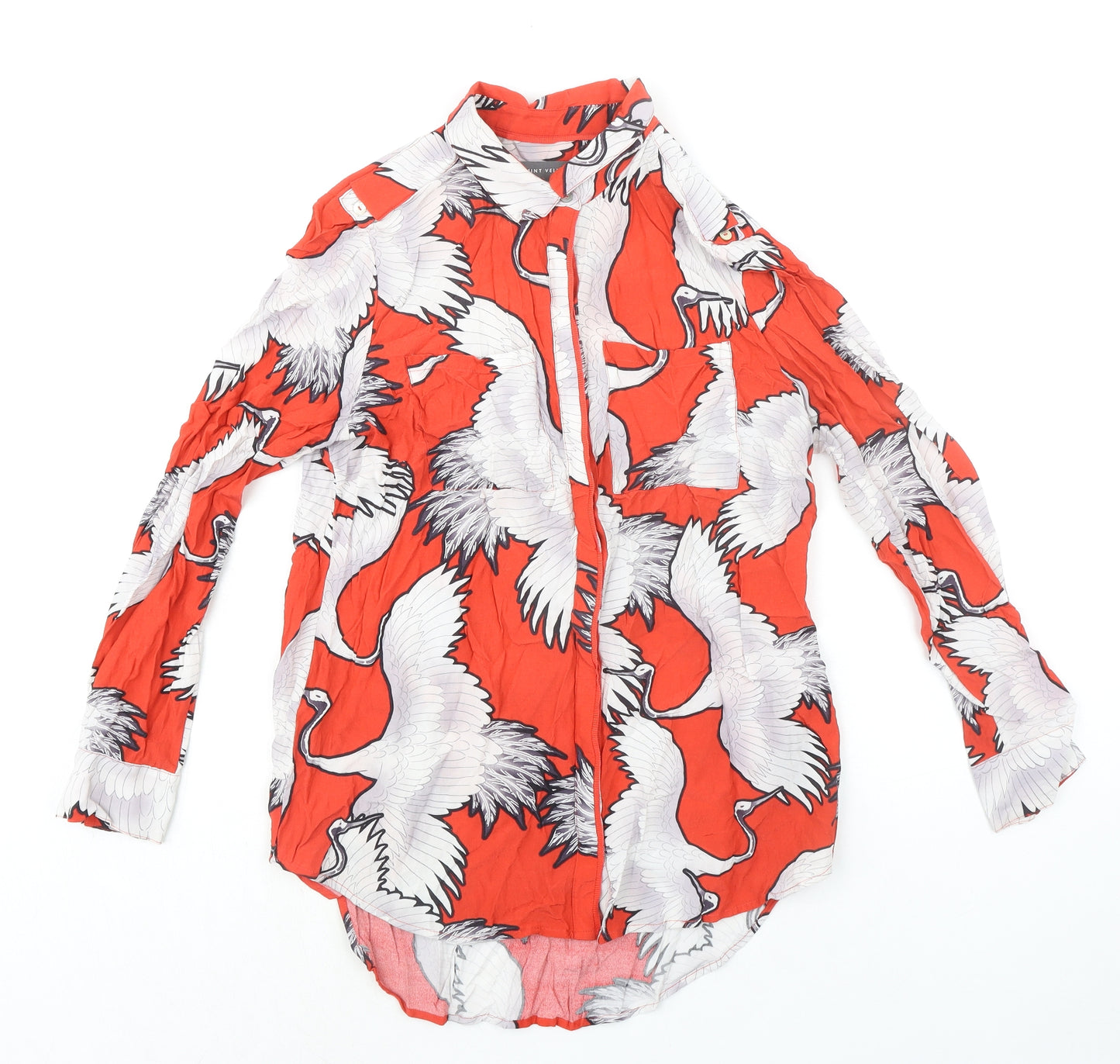 Mint Velvet Womens Orange Geometric Viscose Basic Button-Up Size 14 Collared - Bird Print