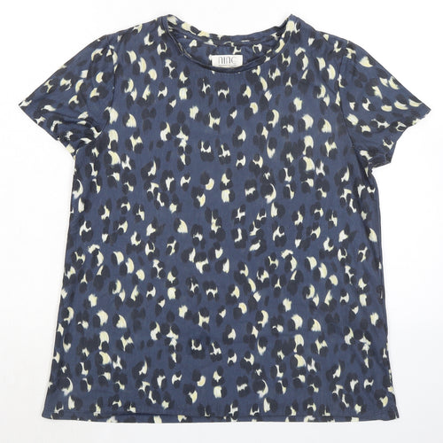 nine Womens Blue Animal Print Polyester Basic T-Shirt Size 12 Crew Neck - Leopard Print