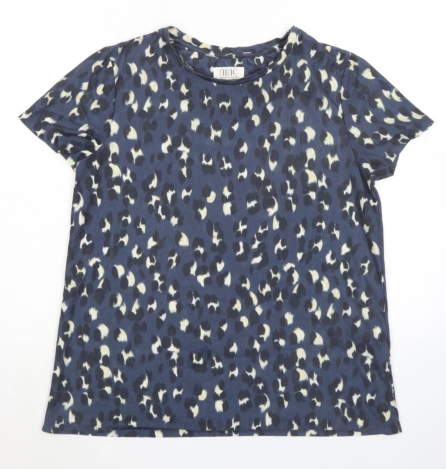 nine Womens Blue Animal Print Polyester Basic T-Shirt Size 12 Crew Neck - Leopard Print