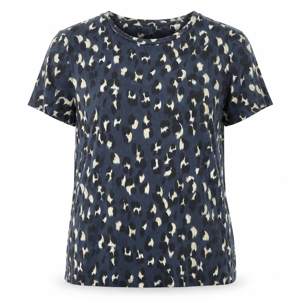 Front view of nine women’s blue animal print polyester basic t-shirt, size UK 12, crew neck - leopard print