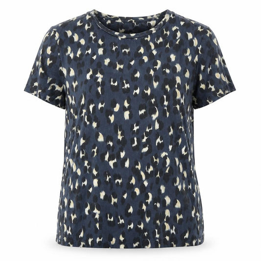 Front view of nine women’s blue animal print polyester basic t-shirt, size UK 12, crew neck - leopard print