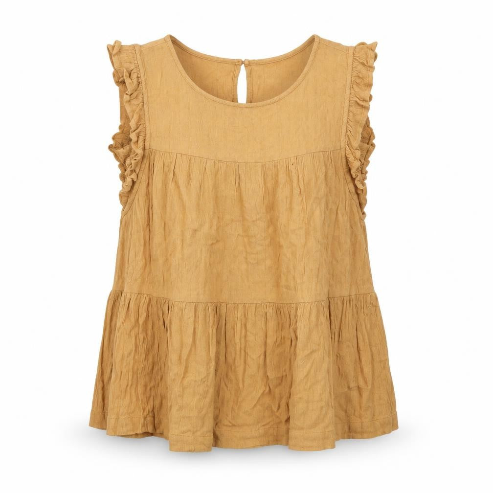 Front view of American Eagle Outfitters women’s beige viscose basic tank, size M, boat neck