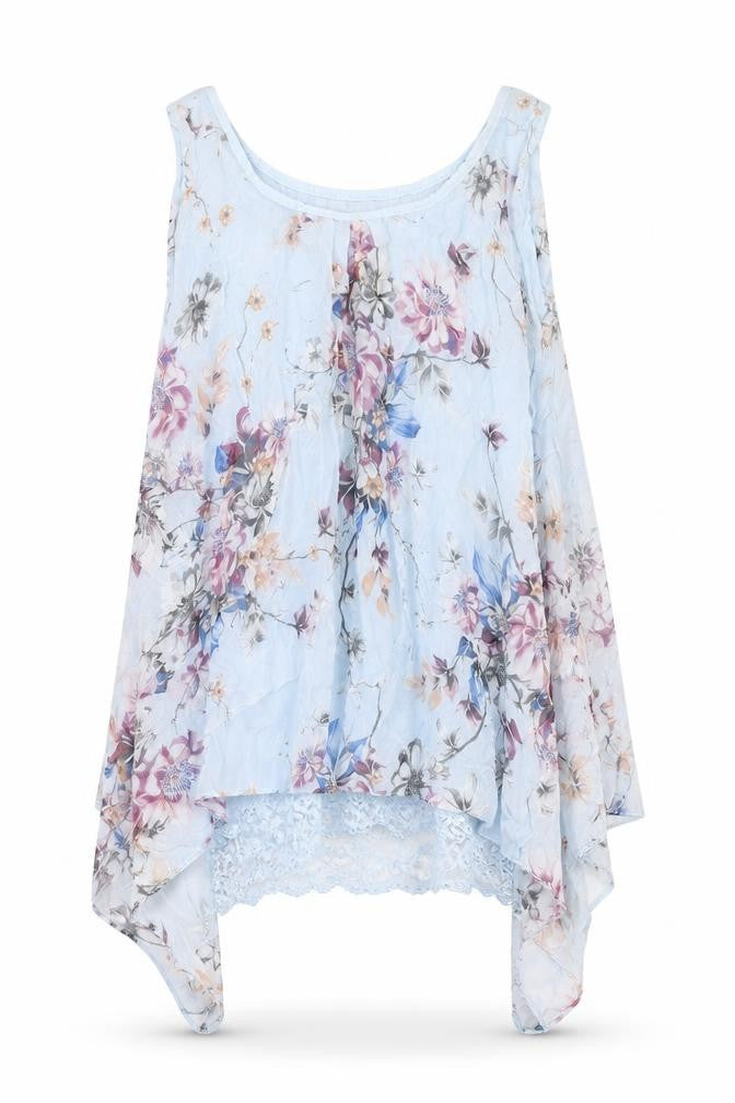 Front view of Giusy women’s blue floral polyester basic tank, size M, boat neck - asymmetric