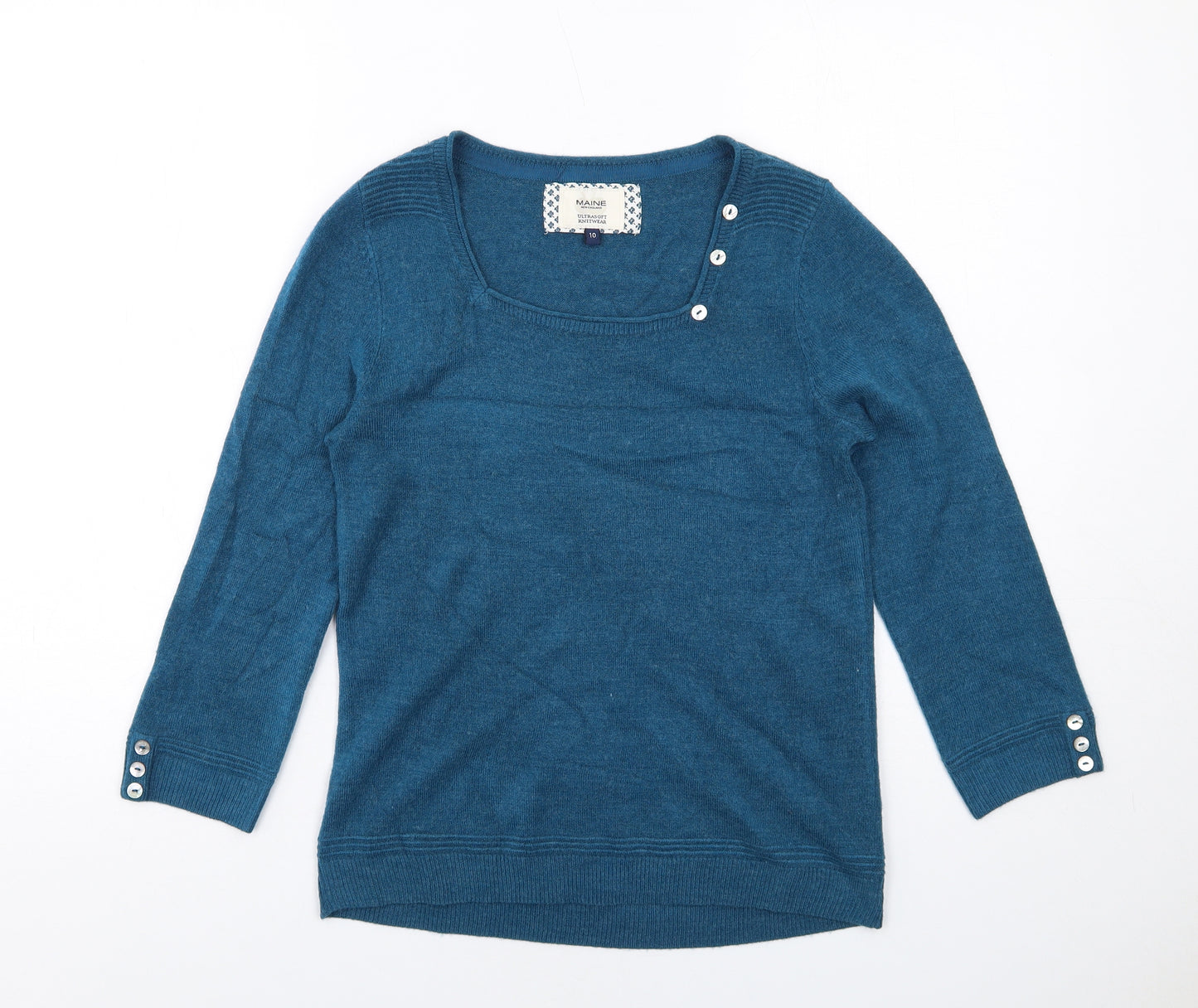 Maine Womens Blue Square Neck Acrylic Pullover Jumper Size 10