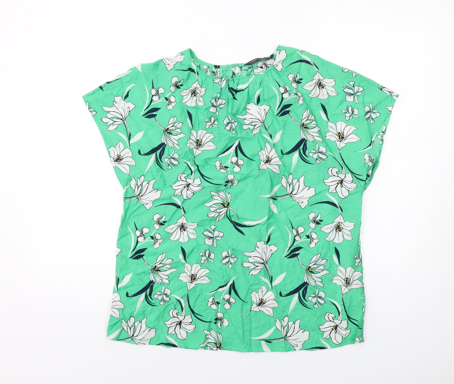 Marks and Spencer Womens Green Floral Viscose Basic Blouse Size 10 Round Neck