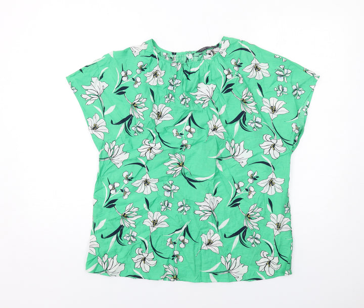 Marks and Spencer Womens Green Floral Viscose Basic Blouse Size 10 Round Neck