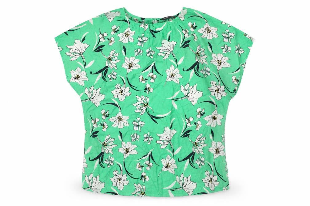 Front view of Marks & Spencer women’s green floral viscose basic blouse, size UK 10, round neck