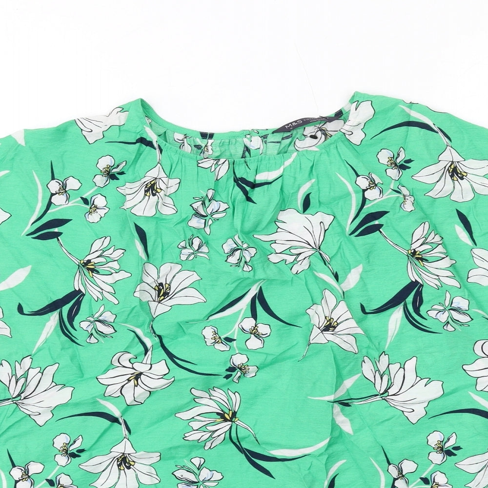 Marks and Spencer Womens Green Floral Viscose Basic Blouse Size 10 Round Neck