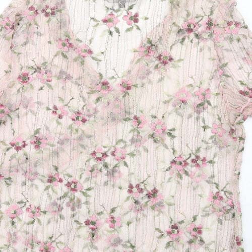 Debenhams Womens Pink Floral Polyester Basic Blouse Size 14 V-Neck