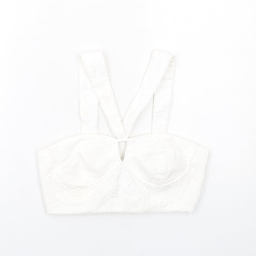 Zara Womens White Cotton Cropped Tank Size M V-Neck - Broderie Anglaise