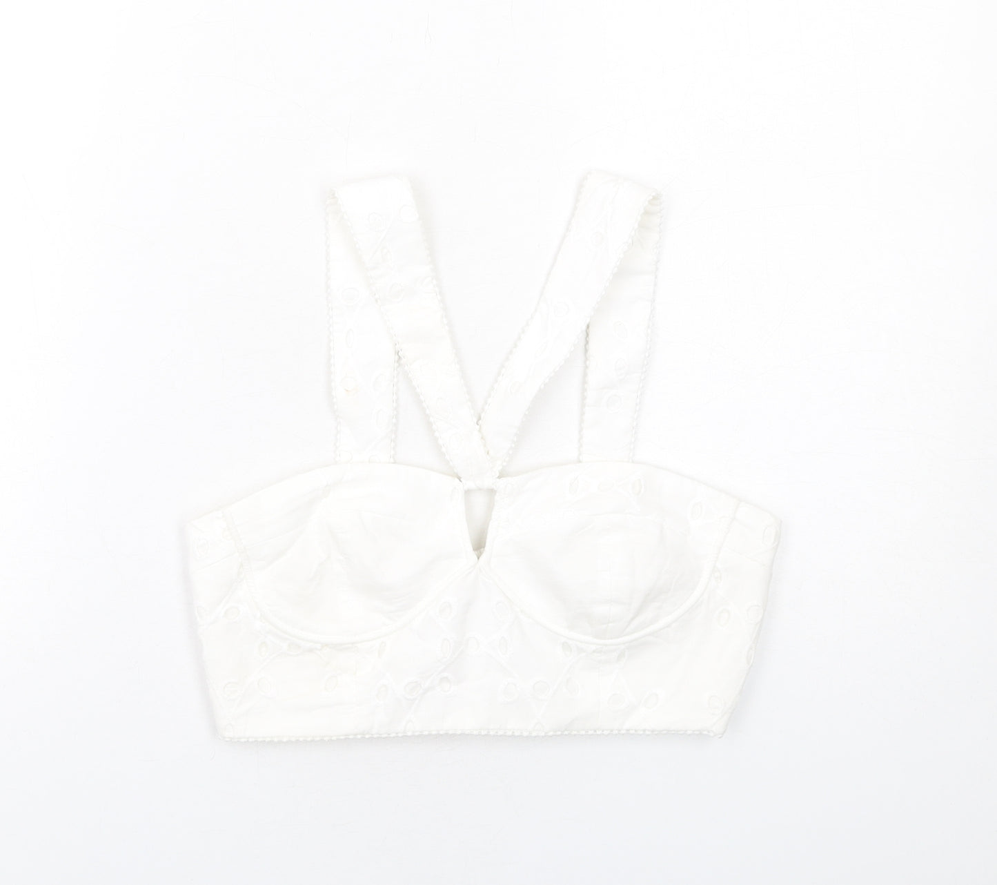 Zara Womens White Cotton Cropped Tank Size M V-Neck - Broderie Anglaise