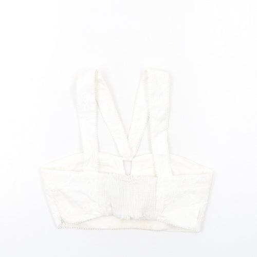Zara Womens White Cotton Cropped Tank Size M V-Neck - Broderie Anglaise
