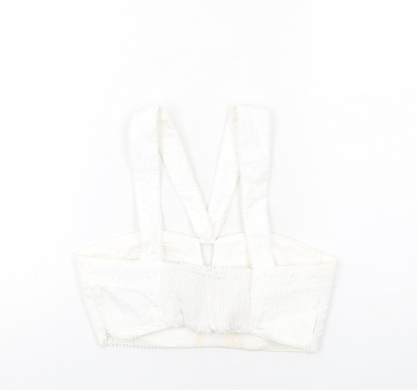 Zara Womens White Cotton Cropped Tank Size M V-Neck - Broderie Anglaise