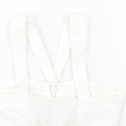 Zara Womens White Cotton Cropped Tank Size M V-Neck - Broderie Anglaise
