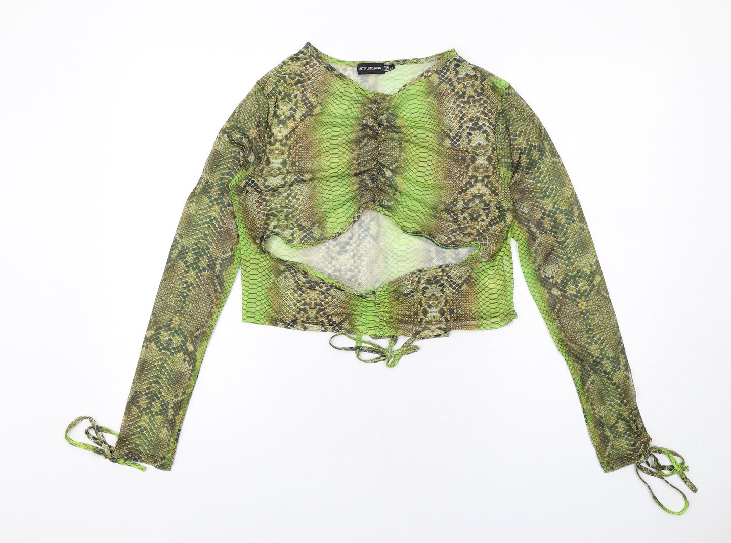 PRETTYLITTLETHING Womens Green Animal Print Polyester Cropped Blouse Size 16 Round Neck - Snake Skin Print, Cut Out