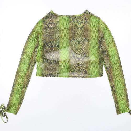 PRETTYLITTLETHING Womens Green Animal Print Polyester Cropped Blouse Size 16 Round Neck - Snake Skin Print, Cut Out