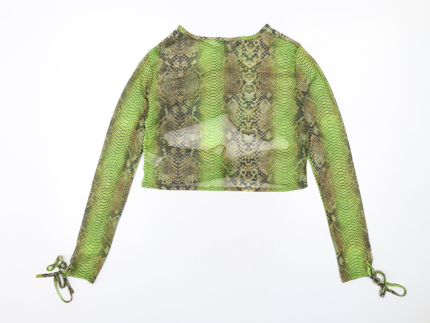 PRETTYLITTLETHING Womens Green Animal Print Polyester Cropped Blouse Size 16 Round Neck - Snake Skin Print, Cut Out