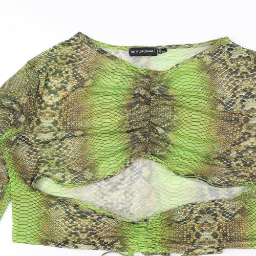 PRETTYLITTLETHING Womens Green Animal Print Polyester Cropped Blouse Size 16 Round Neck - Snake Skin Print, Cut Out