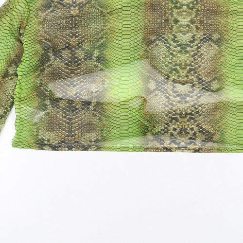 PRETTYLITTLETHING Womens Green Animal Print Polyester Cropped Blouse Size 16 Round Neck - Snake Skin Print, Cut Out