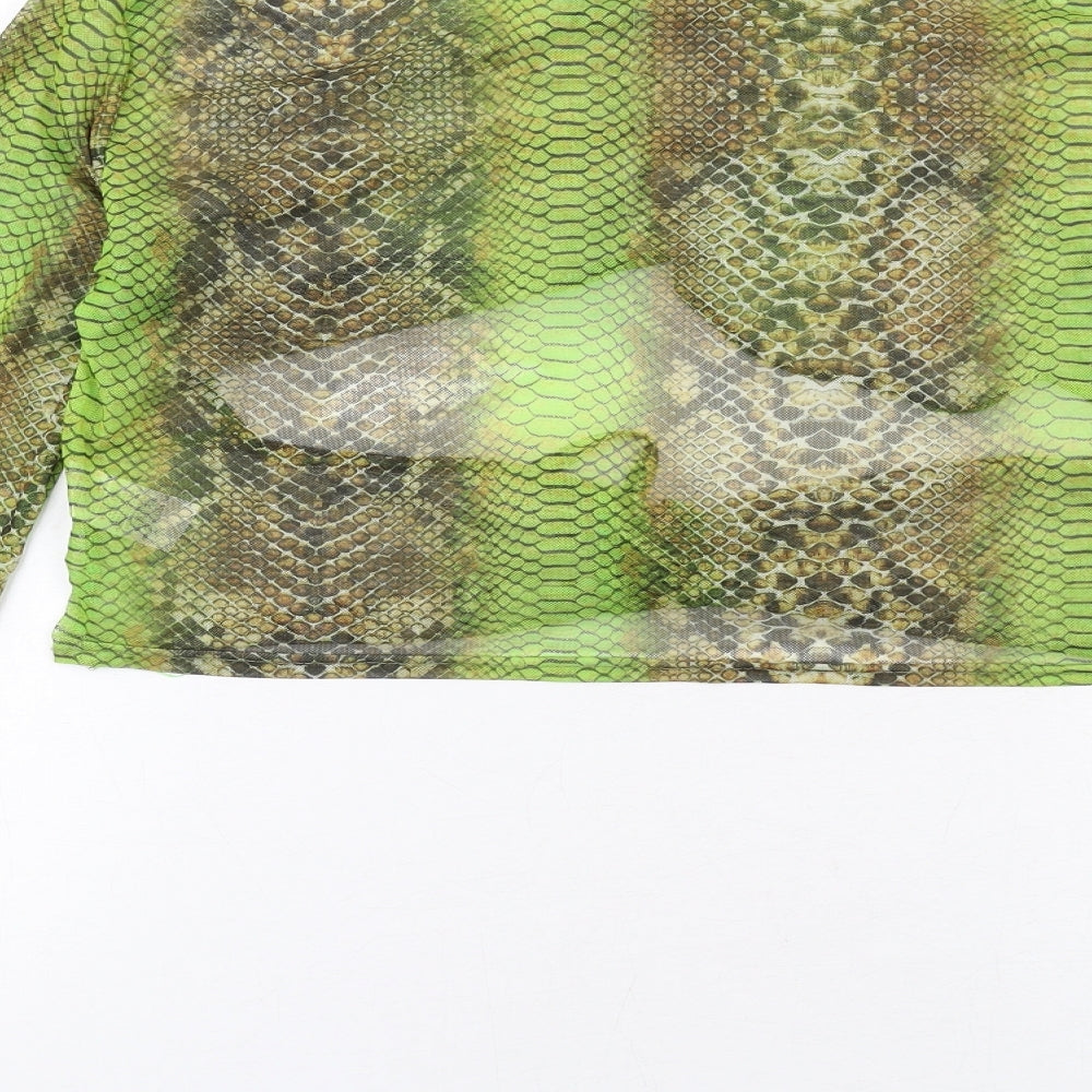 PRETTYLITTLETHING Womens Green Animal Print Polyester Cropped Blouse Size 16 Round Neck - Snake Skin Print, Cut Out