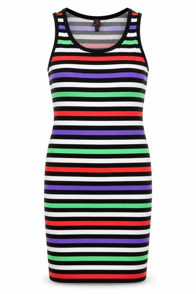 Front view of Simon Jeffrey women’s multicoloured striped polyester tank dress, size UK 10, boat neck pullover